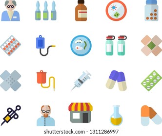 Color flat icon set store front flat vector, pill packaging, pills, vial, medical warmer, syringe, analysis, patch, ampoule, scientist, Petri dish, vitamins