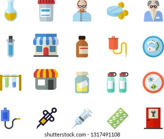Color flat icon set store front flat vector, pill packaging, pills, vial, medical warmer, syringe, analysis, ampoule, scientist, beakers, Petri dish, doctor's office fector