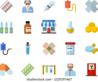 Color flat icon set store front flat vector, pill packaging, pills, vial, medical warmer, syringe, analysis, patch, ampoule, scientist, beakers, doctor's office fector