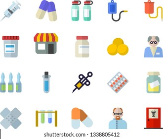 Color flat icon set store front flat vector, pill packaging, pills, vial, medical warmer, syringe, analysis, patch, ampoule, scientist, beakers, vitamins, doctor's office fector