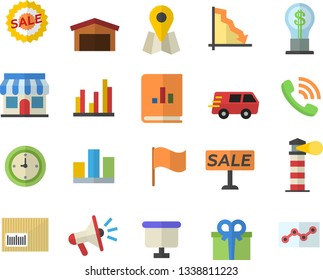 Color flat icon set store front flat vector, lighthouse, warehouse, location, crisis, phone call, idea, flipchart, flag, mouthpiece, book balance accounting, present, sell out, trucking, barcode