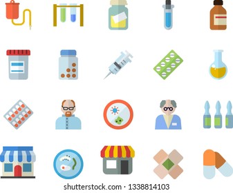 Color flat icon set store front flat vector, pill packaging, vial, medical warmer, syringe, analysis, patch, ampoule, scientist, beakers, Petri dish, vitamins, pills