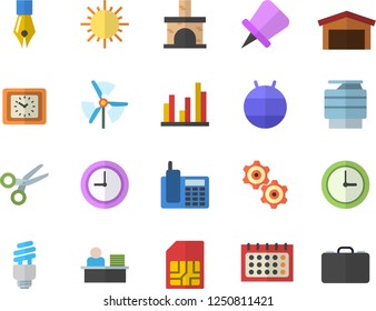 Color flat icon set sun flat vector, fireplace, SIM card, warehouse, calendar, clock, statistic, ink pen, telephone, office worker, copy machine, energy saving lamp fector, cogwheel, windmill, case