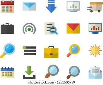 Color flat icon set sun flat vector, case, magnifier, express delivery, computer chart, mail, menu, broadcast, download, calendar, message