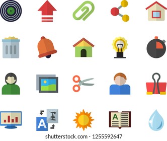 Color flat icon set sun flat vector, computer chart, bell, share, house, gallery, scissors, upload, translate, clip, binder, trash can, user, lamp, book, target, stopwatch, drop