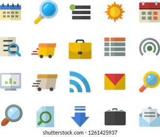 Color flat icon set sun flat vector, case, magnifier, express delivery, computer chart, mail, menu, broadcast, download, calendar, message