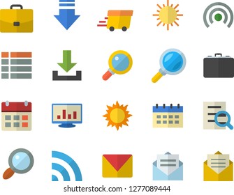 Color flat icon set sun flat vector, case, magnifier, express delivery, computer chart, mail, menu, broadcast, download, calendar, message