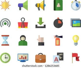 Color flat icon set sun flat vector, computer chart, gallery, broadcast, download, translate, hourglass, binder clip, fire extinguisher, mouthpiece, user, clock, indicate, lamp, notebook, stopwatch