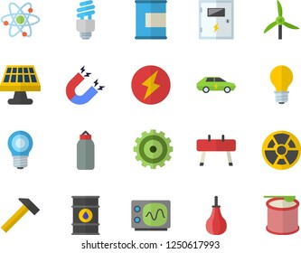 Color flat icon set switch box flat vector, hammer, solar battery, windmill, oil tanks, lamp, radiation, electric cars, cogwheel, atom, energy saving fector, oscilloscope, lightning, magnet, pear