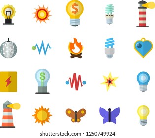 Color flat icon set switch box flat vector, sun, butterflies, bonfire, lamp, energy saving, lighthouse, idea, fector, spark, electric discharge, disco ball, heart pendant
