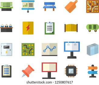 Color flat icon set switch box flat vector, fence, cutting board, bench, motherboard, billboard, clipboard, sticker, point diagram, meeting, presentaition, pushpin, electronic circuit, skateboard