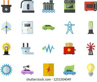 Color flat icon set switch box flat vector, electric kettle, stove, gas, microwave, toaster, windmill, plug socket, power line support, hydroelectric station, energy saving lamp, eco cars