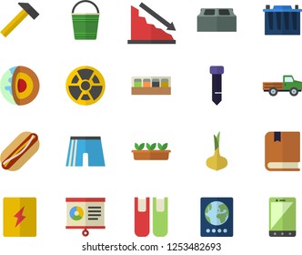 Color flat icon set switch box flat vector, brick, hammer, spice, onion, hot dog, pickup truck, bucketful, seedlings, accumulator, radiation, crisis, chart, tie, book, textbook, athletic shorts