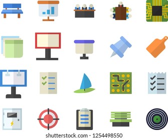 Color flat icon set switch box flat vector, cutting board, bench, motherboard, billboard, flipchart, clipboard, chart, sticker, to do list, target, meeting, pushpin, electronic circuit