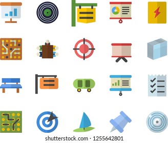 Color flat icon set switch box flat vector, bench, signboard, flipchart, chart, sticker, to do list, target, meeting, presentaition board, pushpin, electronic circuit, skateboard, windsurfing fector