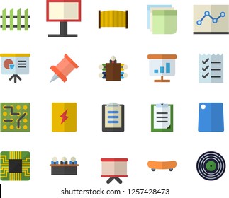 Color flat icon set switch box flat vector, fence, cutting board, motherboard, billboard, flipchart, clipboard, chart, sticker, point diagram, to do list, meeting, presentaition, pushpin, skateboard