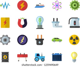 Color flat icon set switch box flat vector, electric kettle, tractor, oil tanks, accumulator, plug socket, radiation, cars, cogwheel, idea, atom, lightning, magnet, discharge fector, water scooter