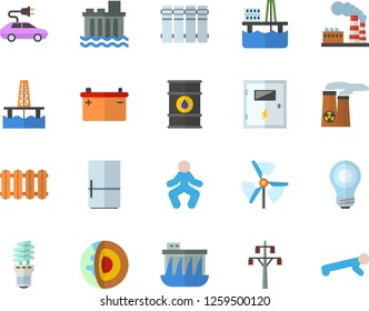 Color flat icon set switch box flat vector, heating batteries, fridge, oil production platform, factory, tanks, accumulator, power line support, hydroelectric station, energy saving lamp, bulb