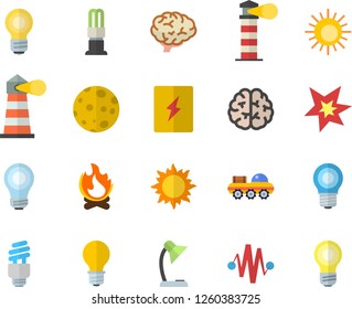 Color flat icon set switch box flat vector, sun, bonfire, lamp, energy saving, lighthouse, reading, moon, bulb, fector, spark, lunar rover, brain, electric discharge