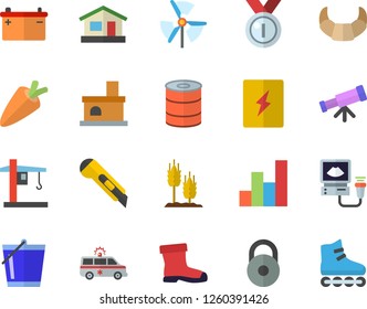 Color flat icon set switch box flat vector, stationery knife, carrot, croissant, canned food, ear, bucketful, gumboots, house, fireplace, accumulator, crane, ambulance, ultrasound, chart, telescope