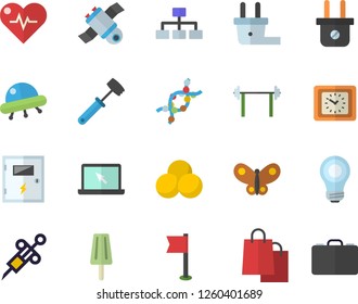 Color flat icon set switch box flat vector, meat hammer, ice cream, butterflies, plug socket, bags, clock, syringe, DNA, laptop, satellit, bulb, ufo, classification, barbell, heartbeat, sports flag
