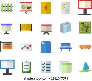 Color flat icon set switch box flat vector, fence, cutting board, bench, signboard, billboard, flipchart, clipboard, chart, sticker, point diagram, to do list, electronic circuit, skateboard