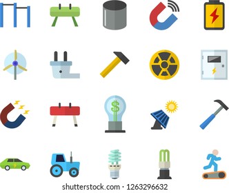 Color flat icon set switch box flat vector, hammer, tractor, battery, solar, plug socket, radiation, energy saving lamp, electric cars, pipe production, magnet, idea, windmill, parallel bars
