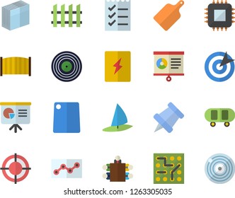 Color flat icon set switch box flat vector, fence, cutting board, motherboard, chart, sticker, point diagram, to do list, target, meeting, presentaition, pushpin, electronic circuit, skateboard