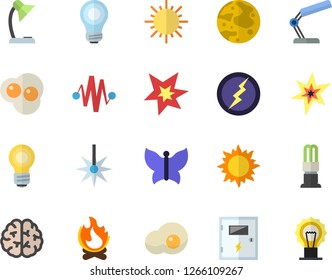 Color flat icon set switch box flat vector, scrambled eggs, sun, butterflies, bonfire, energy saving lamp, laser, reading, moon, bulb, spark, lightning, brain, electric discharge fector