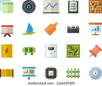 Color flat icon set switch box flat vector, fence, cutting board, motherboard, flipchart, clipboard, chart, sticker, point diagram, meeting, presentaition, pushpin, electronic circuit, skateboard