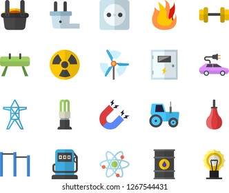 Color flat icon set switch box flat vector, fire, tractor, refueling, oil tanks, socket, plug, power line support, radiation, energy saving lamp, electric cars, metallurgy, atom, magnet, windmill