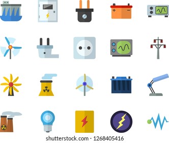 Color flat icon set switch box flat vector, windmill, accumulator, lamp, socket, plug, power line support, hydroelectric station, reading, nuclear plant, oscilloscope, lightning