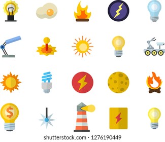 Color flat icon set switch box flat vector, scrambled eggs, sun, bonfire, laser, lighthouse, idea, reading lamp, moon, bulb, energy saving fector, lightning, lunar rover