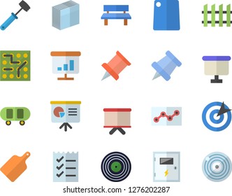 Color flat icon set switch box flat vector, fence, meat hammer, cutting board, bench, flipchart, chart, sticker, point diagram, to do list, target, presentaition, pushpin, electronic circuit