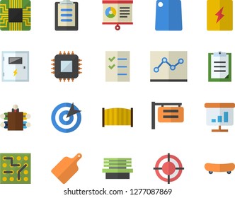 Color flat icon set switch box flat vector, fence, cutting board, bench, motherboard, signboard, clipboard, chart, point diagram, to do list, target, meeting, electronic circuit, skateboard