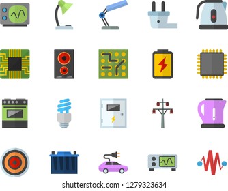 Color flat icon set switch box flat vector, electric kettle, stove, induction cooker, battery, accumulator, plug socket, power line support, cars, motherboard, reading lamp, energy saving fector