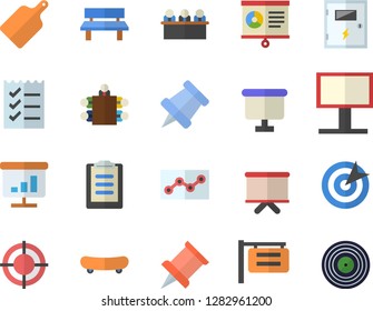 Color flat icon set switch box flat vector, cutting board, bench, signboard, billboard, flipchart, clipboard, chart, point diagram, to do list, target, meeting, pushpin, skateboard