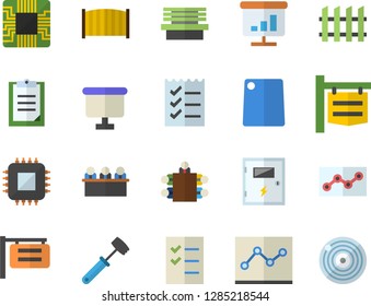 Color flat icon set switch box flat vector, fence, meat hammer, cutting board, bench, motherboard, signboard, flipchart, clipboard, chart, point diagram, to do list, meeting, target