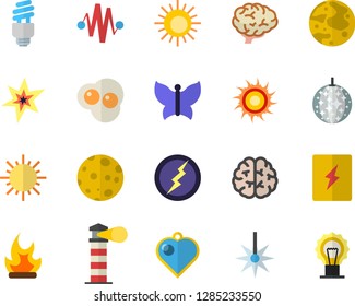 Color flat icon set switch box flat vector, scrambled eggs, sun, butterflies, bonfire, laser, lighthouse, moon, energy saving lamp fector, spark, lightning, brain, electric discharge, disco ball