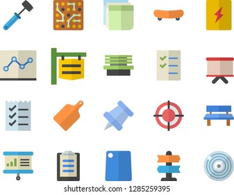 Color flat icon set switch box flat vector, meat hammer, cutting board, bench, signboard, flipchart, clipboard, sticker, point diagram, to do list, target, presentaition, pushpin, electronic circuit