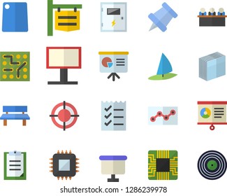 Color flat icon set switch box flat vector, cutting board, bench, motherboard, signboard, billboard, flipchart, clipboard, chart, sticker, point diagram, to do list, target, meeting, presentaition
