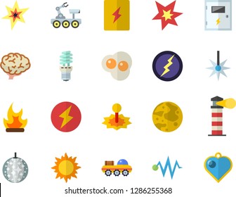 Color flat icon set switch box flat vector, scrambled eggs, sun, bonfire, energy saving lamp, laser, lighthouse, moon, spark, lightning, lunar rover, brain, electric discharge fector, disco ball