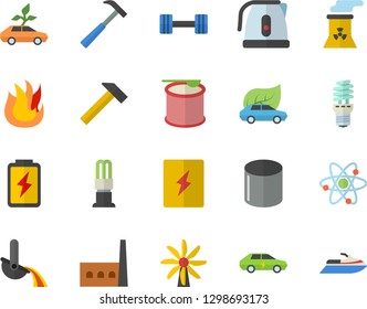 Color flat icon set switch box flat vector, hammer, electric kettle, fire, battery, windmill, manufactory, energy saving lamp, eco cars, pipe production, metallurgy, atom, nuclear power plant