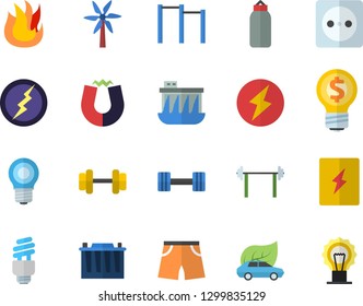 Color flat icon set switch box flat vector, fire, windmill, accumulator, lamp, socket, hydroelectric power station, eco cars, idea, energy saving fector, lightning, magnet, dumbbell, barbell