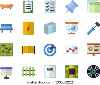 Color flat icon set switch box flat vector, fence, meat hammer, bench, motherboard, flipchart, clipboard, chart, sticker, point diagram, to do list, target, pushpin, electronic circuit, skateboard