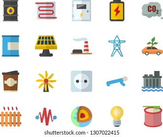 Color flat icon set switch box flat vector, warm floor, coffe, battery, solar, windmill, factory, oil tanks, socket, power line support, hydroelectric station, eco cars, carbon dioxide, radiator