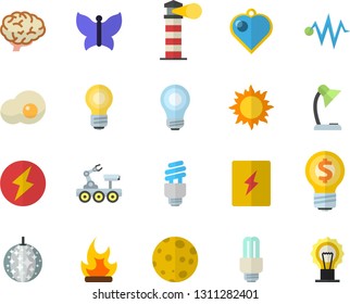Color flat icon set switch box flat vector, scrambled eggs, sun, butterflies, bonfire, lighthouse, idea, reading lamp, moon, bulb, energy saving fector, lightning, lunar rover, brain, disco ball