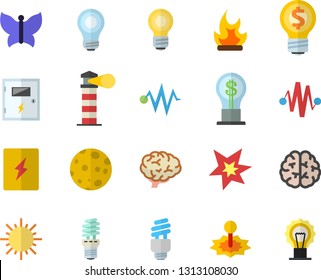Color flat icon set switch box flat vector, sun, butterflies, bonfire, energy saving lamp, laser, lighthouse, idea, moon, bulb, fector, spark, brain, electric discharge