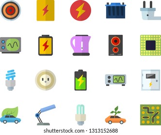 Color flat icon set switch box flat vector, electric kettle, induction cooker, battery, accumulator, socket, plug, eco cars, reading lamp, energy saving fector, cpu, oscilloscope, lightning