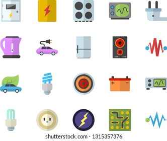 Color flat icon set switch box flat vector, electric kettle, stove, induction cooker, fridge, accumulator, socket, plug, eco cars, energy saving lamp fector, oscilloscope, lightning, discharge
